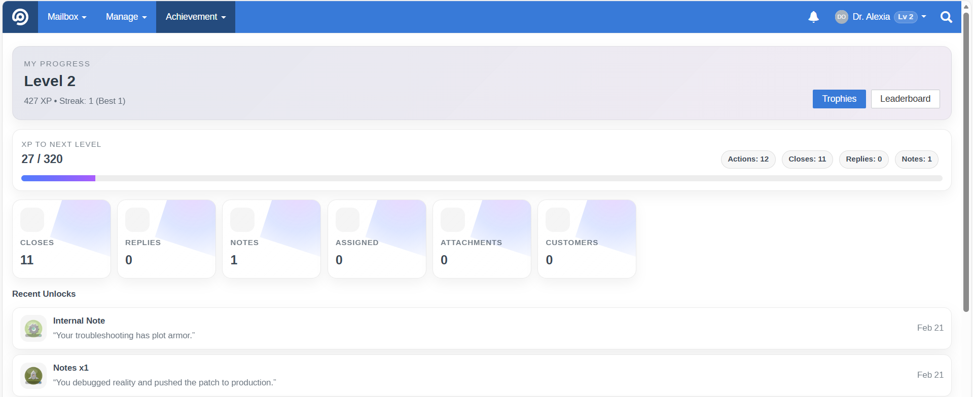 Overflow Achievement interface